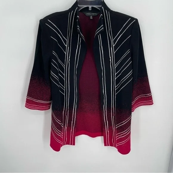 Ming Wang Womens size Small Open Cardigan Jacket Black Red white 3/4 sleeves - Picture 7 of 9